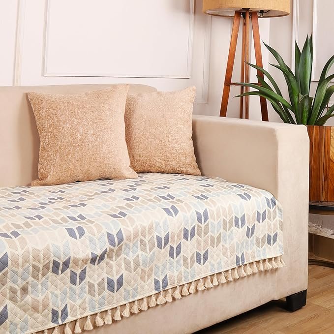 STITCHNEST 3 Seater Printed Quilted Velvet Sofa Slip Cover Protector with Tassels