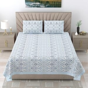 Urban Jaipur 100% Cotton 210 TC Ethnic Bedsheet for Queen Bed with 2 Pillow Covers 90 x 108 inch | Pure Cotton Traditional Jaipuri Print - Floral (Blue, Geometric)