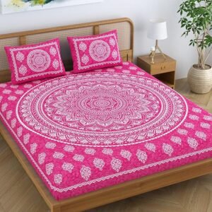 Colorish Cotton Blend Traditional Mandala Jaipuri Printed Bedsheet for Double Bed King Size with 2 Pillow Covers, Pink| H603 | 120 TC