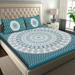 RajasthaniKart Cotton Double Bed Sheet with 2 Pillow Covers Green Rangoli