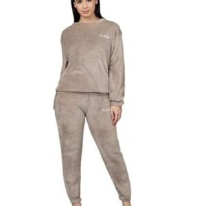 Winter Women Woolen Plain Velvet Winter Nightwear Suit Top and Pajama Set, Regular Comfort Fit (28 Till 34) Brown