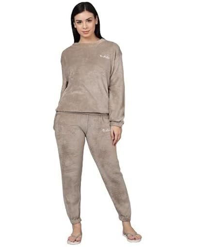 Winter Women Woolen Plain Velvet Winter Nightwear Suit Top and Pajama Set, Regular Comfort Fit (28 Till 34) Brown