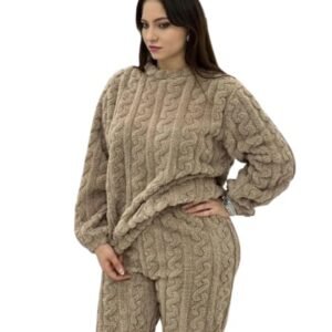 Women's Fur Long Sleeve Nightsuit Set | Regular Fit Warm Top and Pyjama Set | Winter Wear Sweatpant Set for Women