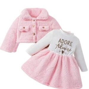 Kid Girls Printed Woolen Pink White Dress with Jacket