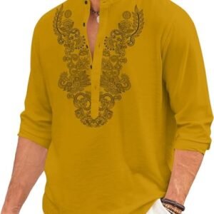 FINIVO FASHION Men’s Cotton Blend Short Kurta with Full Sleeves and Ethnic Neck Design | Casual Crinkle Texture Kurta with Mandarin Collar