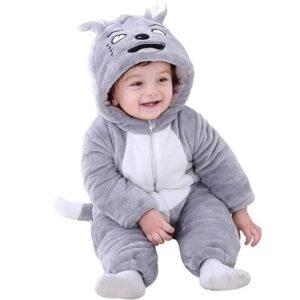 BRANDONN Unisex Baby Flannel Jumpsuit Panda Style Cosplay Clothes Outfits Snowsuit Hooded Romper Outwear (Grey Scars, 12-18 Months)