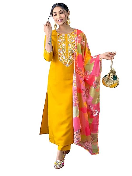 Naixa Women's Rayon Embroidered Straight Kurta with Pant and Dupatta (Available in Plus Size)