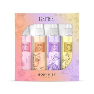 RENEE Body Mist Pack of 4, Pink Romance, Euphoric Musk, Violet Melody, Bohemian Zest, Combo of Floral & Fruity, Warm & Spicy Scent, Long Lasting Premium Fragrance for Women, Travel-Friendly 20 Ml Each