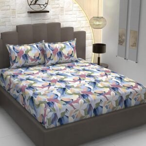 TIB Glace Cotton Elastic Fitted Bedsheets Double Bed 72x78x8 Inches with 2 Pillow Covers, 210TC (Blue Flower)