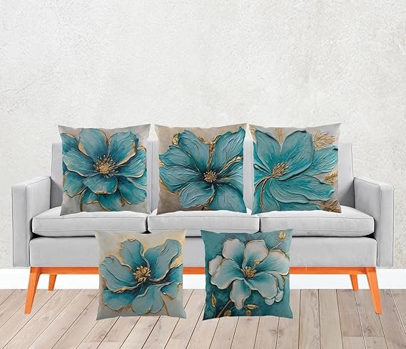 SCPmarts Flower Printed Cushion Cover Home Decorative Covers for Sofa Soft Solid Square Throw Pillow Cushion Covers Satin Cushion Covers Set of 5 Size 16 x 16 Inch (Design 12)