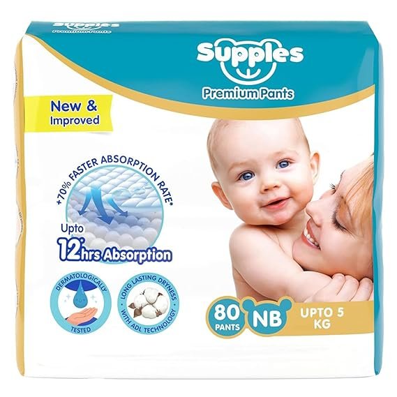 Amazon Brand - Supples Premium Diaper Pants | for Newborn Babies | 80 Diapers | NB/XS | Up to 5 Kg | 12 Hrs Absorption | Cushiony Cotton Soft Fabric | Phthalates-Free | Triple Leak Guard