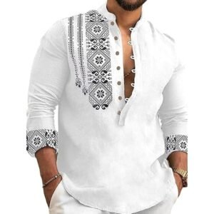 DEELMO Men's Cotton Blend Mandarin Collar Self One Design Full Sleeve Casual Short Kurta
