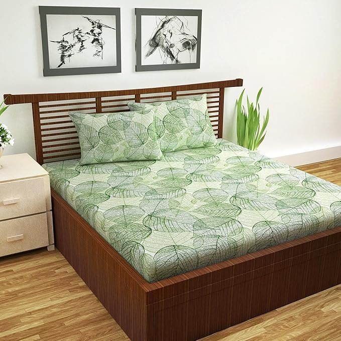 Divine Casa 144 TC Cotton Bedsheet for Double Bed | 100% Cotton – Sage Green Floral Print | Soft & Breathable | Size 222 x 254 cm | with 2 Pillow Covers | Everyday Use