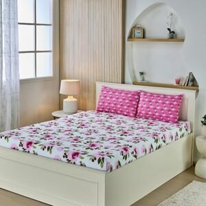 Amazon Brand - Solimo Celestial Delight 140 TC 100% Cotton Double Bedsheet with 2 Pillow Covers, Soft and Smooth (Floral, White and Pink), 140 TC