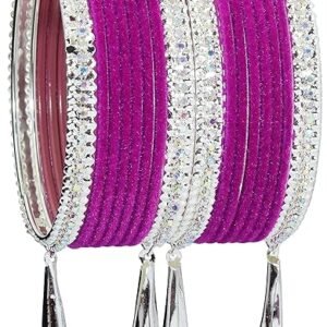 NMII Metal with Zircon Gemstone and Velvet Studded Bells Latkan Bangles Set For Girls and Women I Latkan Bangles, Premium Bangle Bracelet Set I Pack of 16 Bangles