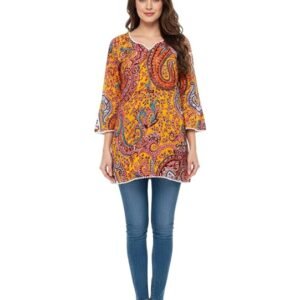 IQRA TRADING HUB Women Orange Multi-Color Paisley Print Tunic Top ? V-Neck with 3/4 Bell Sleeves, Pom Pom Trim, Casual Cotton Wear, Stylish A-Line Design, Perfect for Summer and Everyday Use