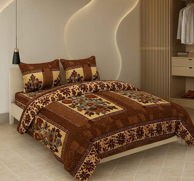 Prozone Warm Polar Fleece Gamla Printed Woollen Bedsheet for Double Bed 90 x 100 Inches with 2 Matching Pillow Covers I Winter Flat Double Bedsheet with 2 Pillow Cover (Gamla & Coffee)