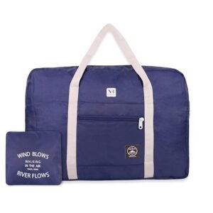 NFI essentials Foldable Duffle Bag Luggage Travelling Bag Lightweight Carry on Travel Duffel Bag for Airplane, Beach Bag, Gym Sports (Blue) 45.5x14.5x33 cm
