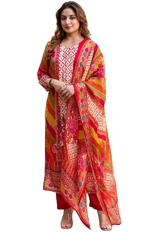 GoSriKi Women's Rayon Viscose Straight Printed Kurta with Pant & Dupatta