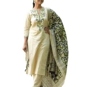 Women South Cotton Embroidered Kurta with Pant & Dupatta Green